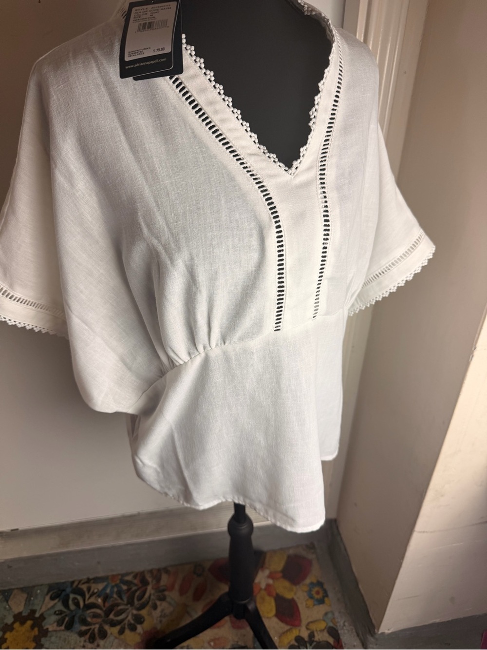 Adrianna Papell White V-Neck Eyelet Peasant Tunic